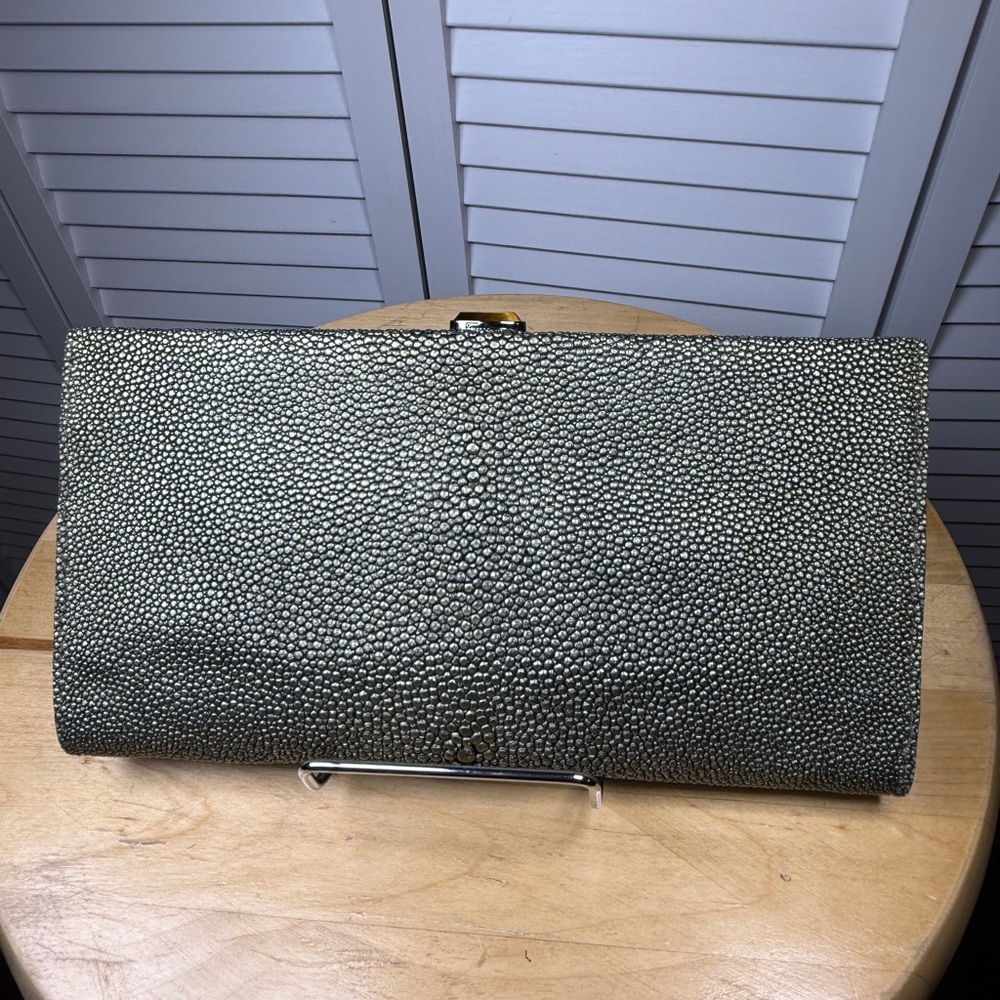 Salvadore Ferragamo Stingray Leather Green Gray Silver Leather Clutch